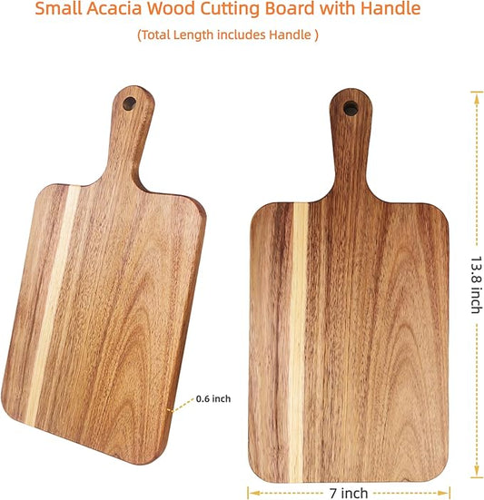 Small Acacia Wood Cutting Board with Handle – 13.8" x 7" Natural Wooden Serving & Chopping Board